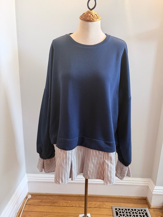 Maeve Tops - Maeve Navy Layered-Look Sweatshirt with Striped Hem
